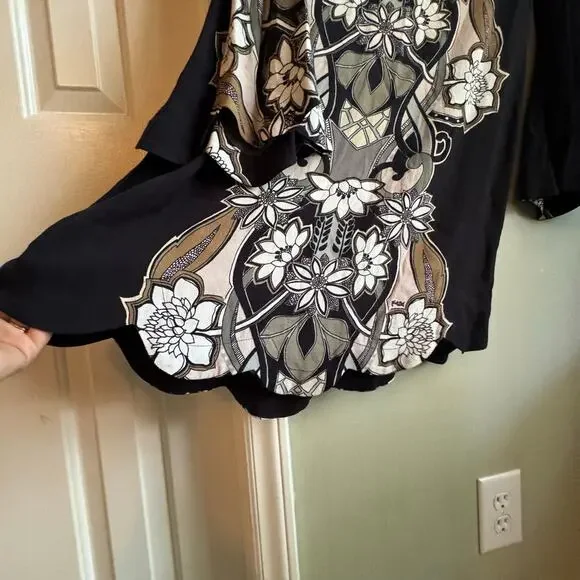 Hale Bob Black Floral Print Bell Sleeve Mini Swing Dress 70s Retro White Brown - Picture 3 of 7